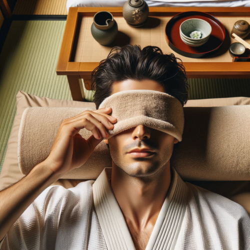 DALL·E 2023-10-26 16.16.02 - photo from above in a peaceful Japanese ryokan room, where a man with dark hair and medium skin tone has a beige towel covering his eyes as he rests.